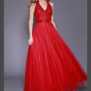 Shail K 11213 V Neck Halter Prom Dress